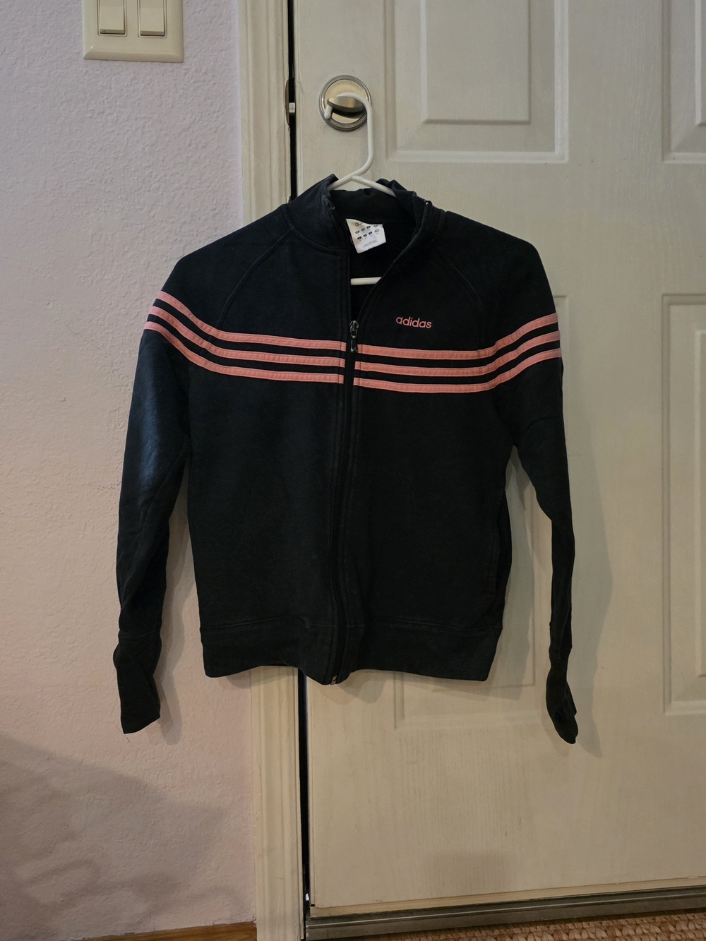 Adidas Small Womens  Black Zip-Up Jacket with Pink Stripes
